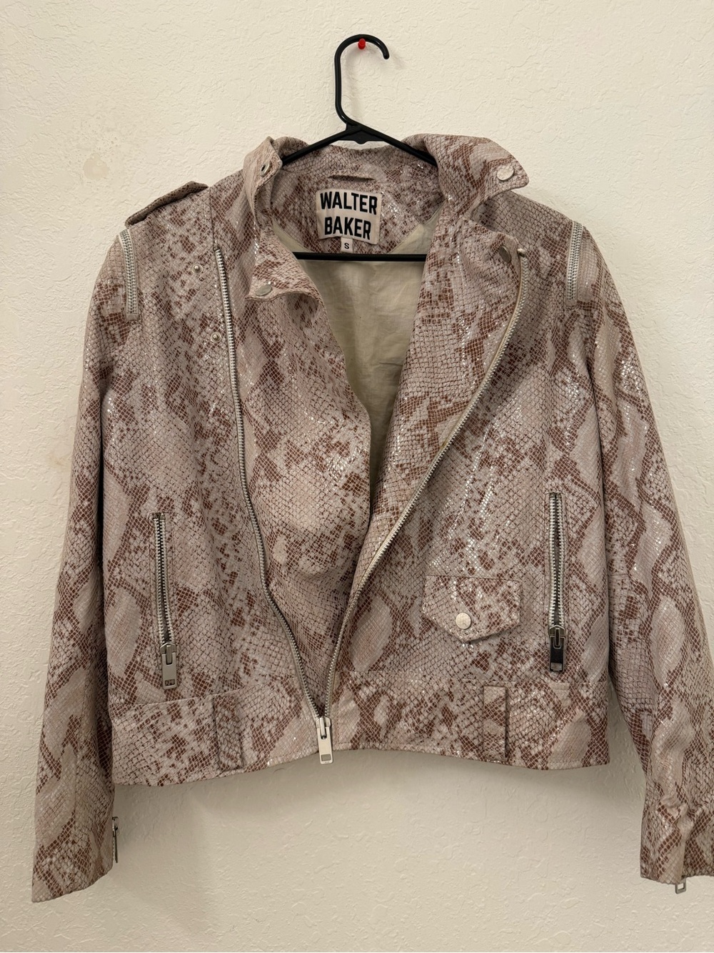 Walter Baker Metallic Snakeskin-Embossed Leather Biker Jacket — Size Small